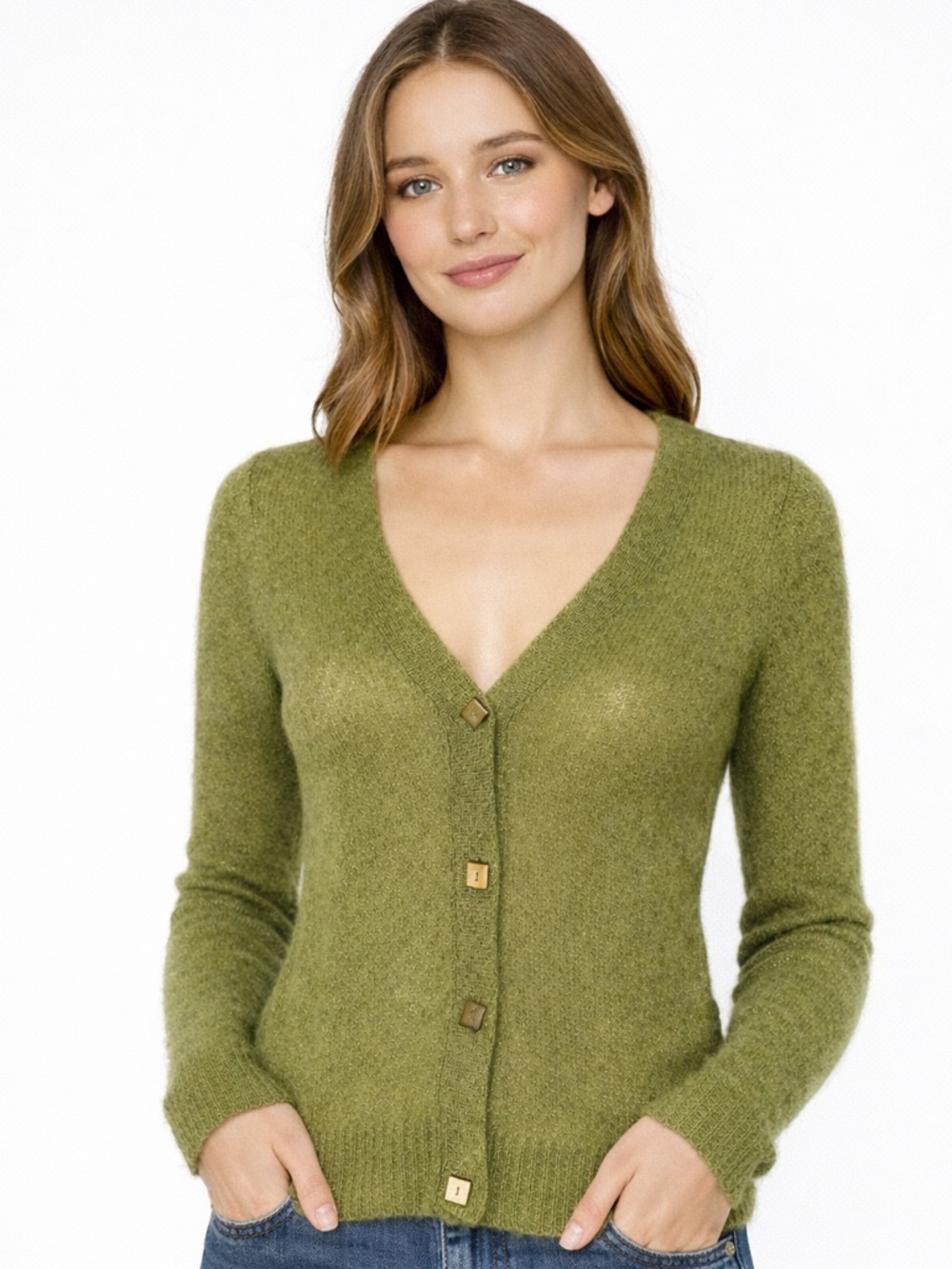 Anthropologie Charlie & Robin Green Mohair Cardigan S Fuzzy Button Front